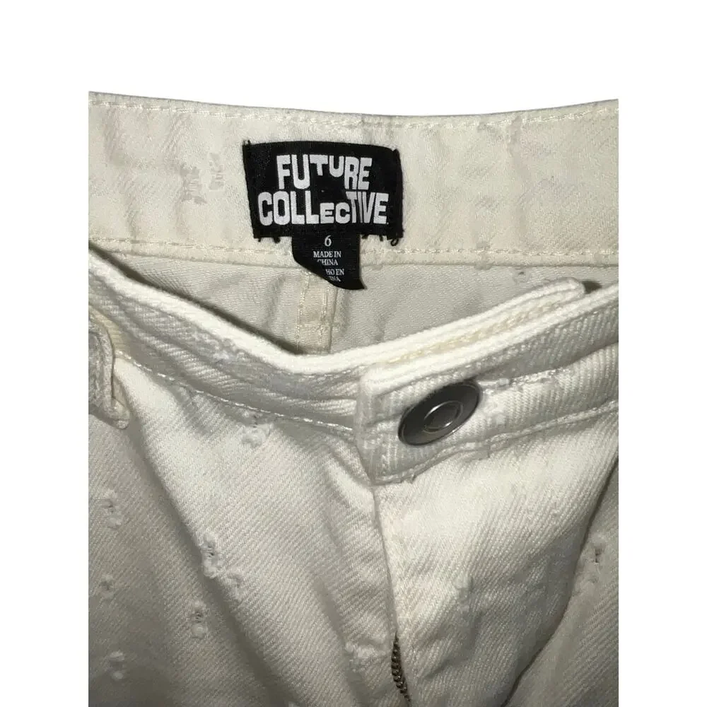 Future Collective Mid-Rise Relaxed Fit Wide Leg Distressed Jeans White Size 6